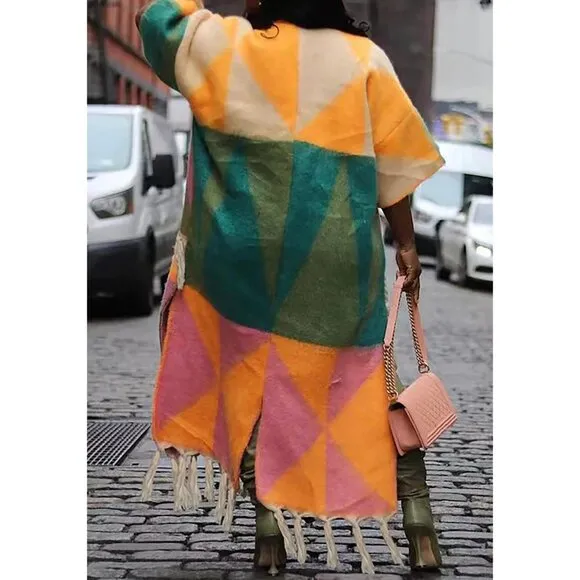 Women's Tassel Sweater Open Front Fringe Colorful Long Cardigan Poncho Sweater