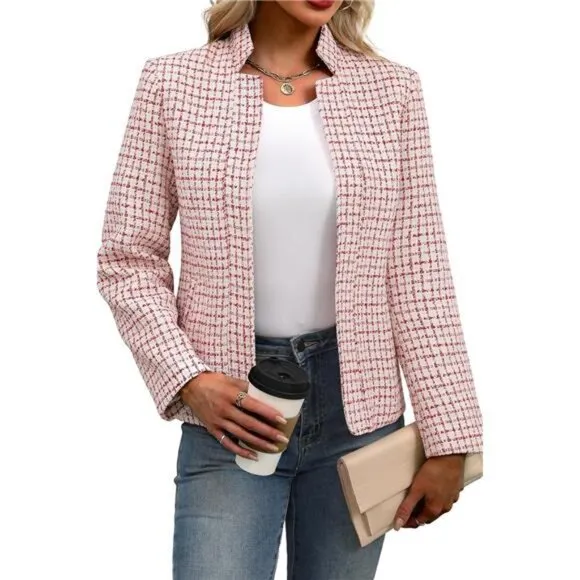 Womens' Tweed Blazer Long Sleeve Jacket Notch Collar Fully Lined Casual