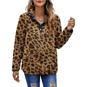 Women’s Warm Sherpa Pullover Button Collar Fleece Sweatshirt Winter Long Sleeve