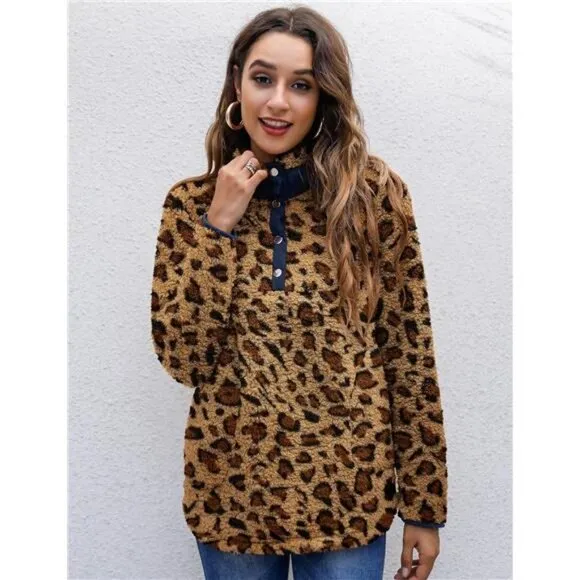 Women’s Warm Sherpa Pullover Button Collar Fleece Sweatshirt Winter Long Sleeve