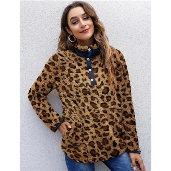 Women’s Warm Sherpa Pullover Button Collar Fleece Sweatshirt Winter Long Sleeve