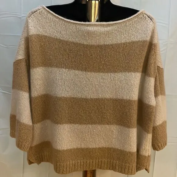XS/S Juicy Couture Mohair wool 3/4 sleeve round neck tan cream striped sweater