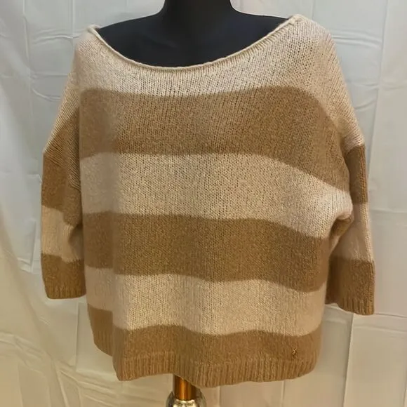 XS/S Juicy Couture Mohair wool 3/4 sleeve round neck tan cream striped sweater