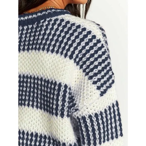 ZAFUL Women's blue Striped Sweater Crew Neck Sweaters Casual Loose Knit Sweater