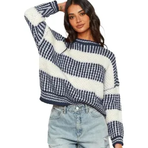 ZAFUL Women's blue Striped Sweater Crew Neck Sweaters Casual Loose Knit Sweater