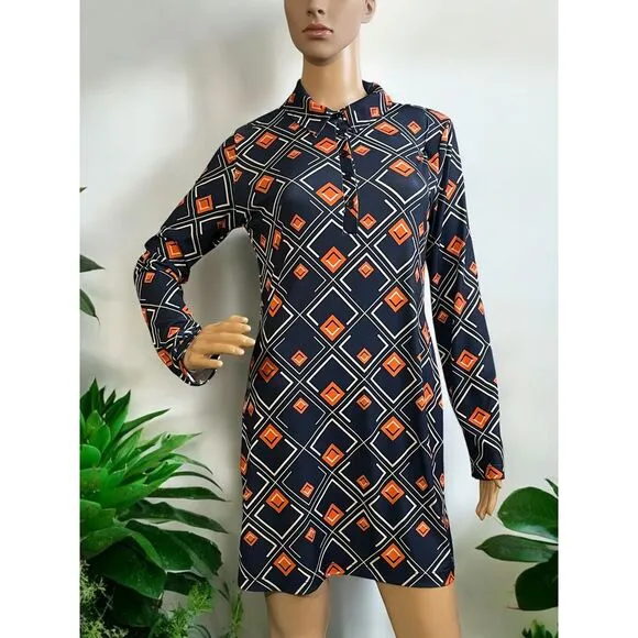 ZARA Geometric Print Long‎ Sleeve Mini Dress Navy Orange Diamond Pattern Size M