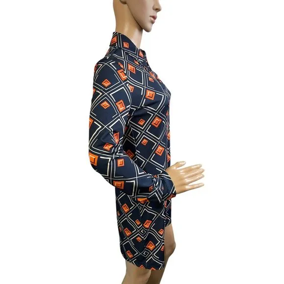 ZARA Geometric Print Long‎ Sleeve Mini Dress Navy Orange Diamond Pattern Size M