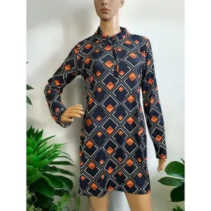 ZARA Geometric Print Long‎ Sleeve Mini Dress Navy Orange Diamond Pattern Size M
