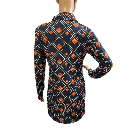 ZARA Geometric Print Long‎ Sleeve Mini Dress Navy Orange Diamond Pattern Size M