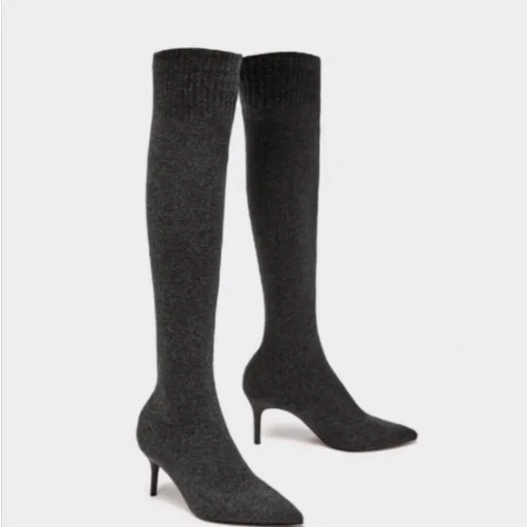 ZARA Pointy Toe Over the Knee Sock Boots - Grey - Size 10 - NWoT! *RARE*