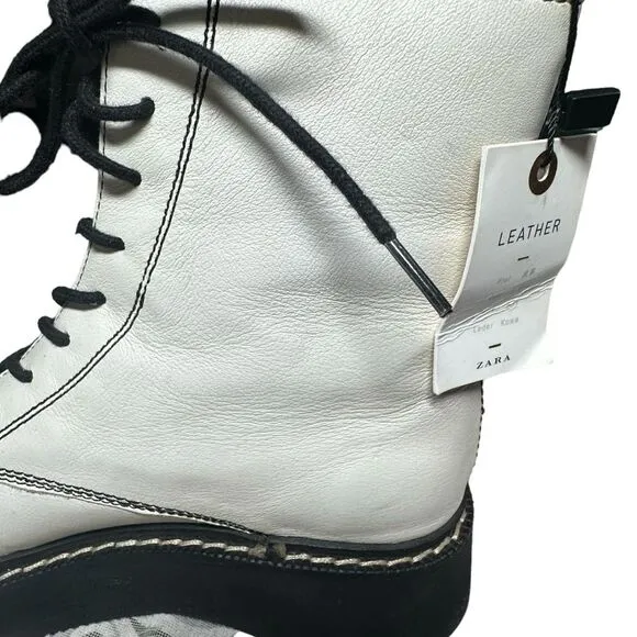 Zara white leather combat lace up boots size 6.5. NWT