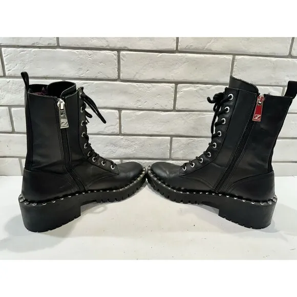 Zara Womens Black Leather Studded Round Lace-up Combat Boots 7US EUR 38