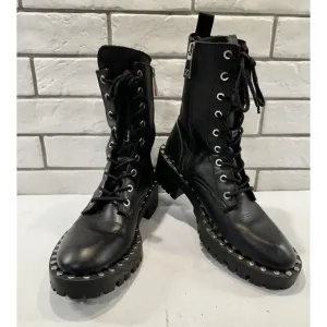 Zara Womens Black Leather Studded Round Lace-up Combat Boots 7US EUR 38