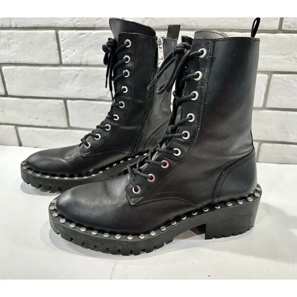 Zara Womens Black Leather Studded Round Lace-up Combat Boots 7US EUR 38