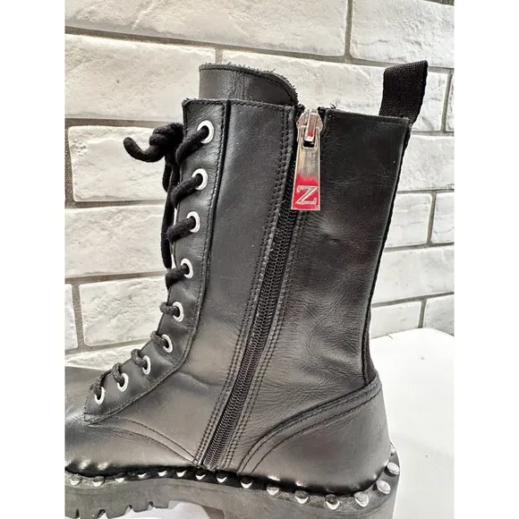 Zara Womens Black Leather Studded Round Lace-up Combat Boots 7US EUR 38