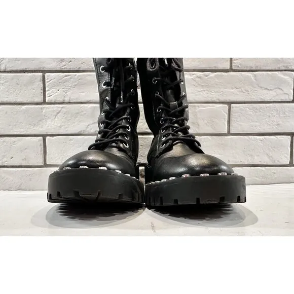 Zara Womens Black Leather Studded Round Lace-up Combat Boots 7US EUR 38