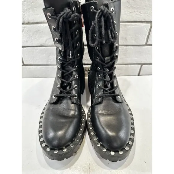 Zara Womens Black Leather Studded Round Lace-up Combat Boots 7US EUR 38