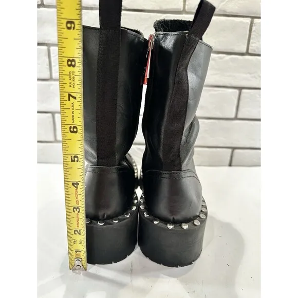 Zara Womens Black Leather Studded Round Lace-up Combat Boots 7US EUR 38