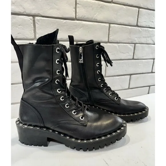 Zara Womens Black Leather Studded Round Lace-up Combat Boots 7US EUR 38