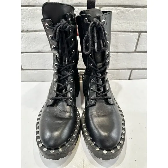 Zara Womens Black Leather Studded Round Lace-up Combat Boots 7US EUR 38