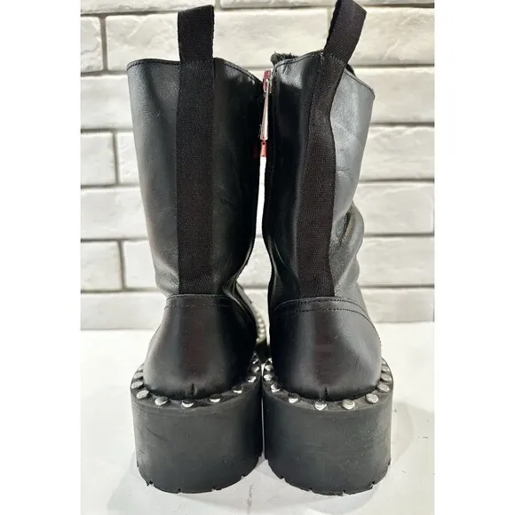 Zara Womens Black Leather Studded Round Lace-up Combat Boots 7US EUR 38