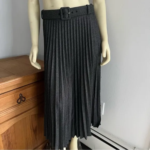 Zara Women’s Micro-Pleated Heather Gray Belted Tweed Maxi Skirt M