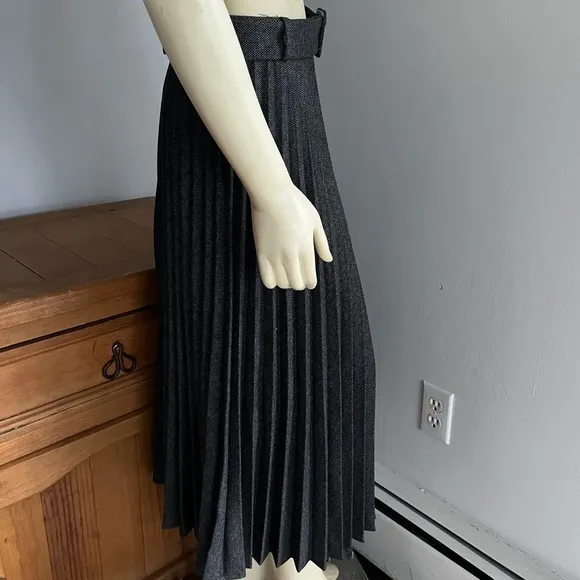 Zara Women’s Micro-Pleated Heather Gray Belted Tweed Maxi Skirt M